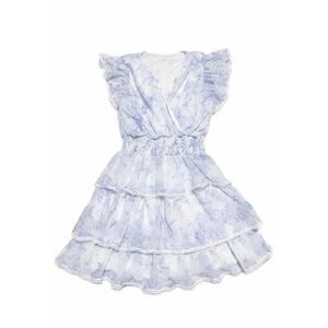 TCEC Women's Blue White Toile Ruffle Tiered Dress Size Small Flutter Sleeve